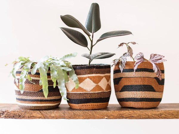 The Basket Room - KADI: Geometric Natural and Black Baskets: Stripes & Checks - Medium