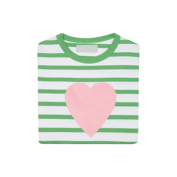 Breton Striped Love Hearth T Shirt - Grass Green & White