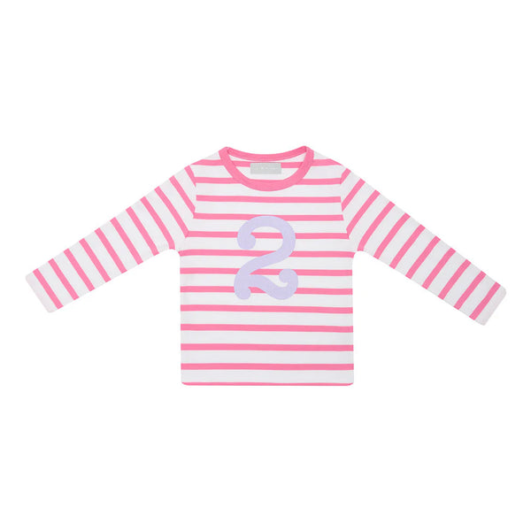 Breton Striped Number T Shirt  - Hot Pink & White