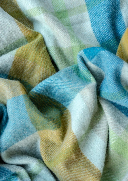 Recycled Wool Picnic Blanket in Teal Patchwork Check (Navy Recycled Handle)