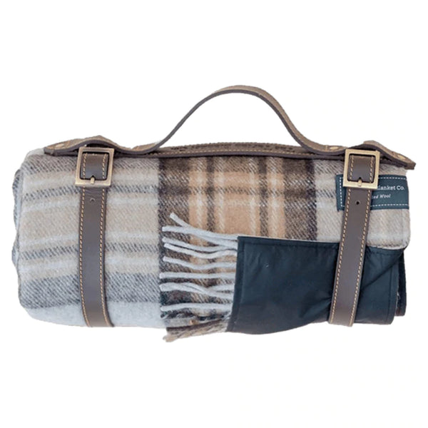 Recycled Picnic Blanket - Mackellar Tartan (with Taupe Leather Picnic Strap)