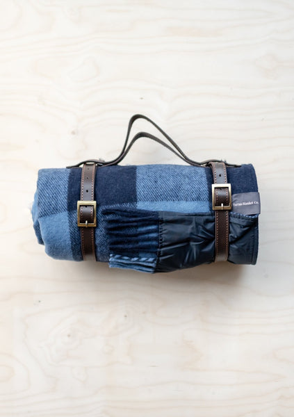 Recycled Wool Picnic Blanket - Navy & Blue Buffalo Check (with Leather Picnic Strap)